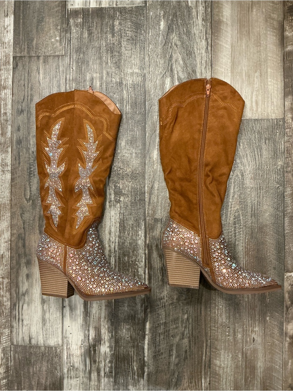 Rouge! Tan Suede Rhinestone Western Heeled Boots Size 8